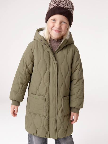Long Lightweight Jacket with Hood & Faux Fur Lining, for Girls black+khaki 