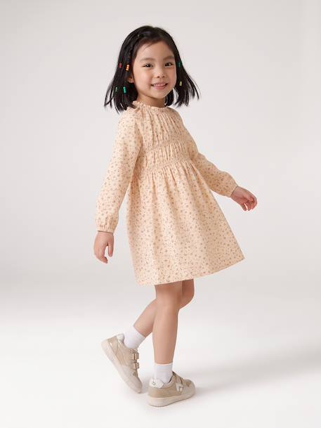 Short dress with long sleeves for girls cinnamon+ecru 