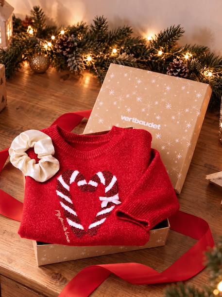 Christmas Gift Box with Jacquard Knit Reindeer Jumper + 2 Scrunchies for Girls ecru+pale pink+red 