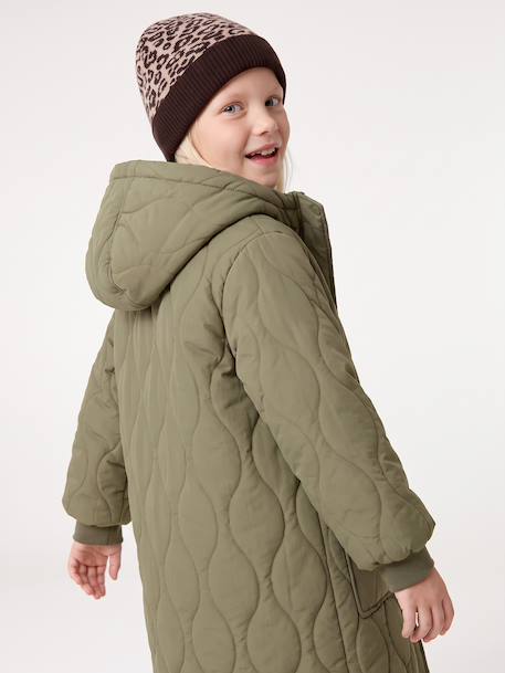 Long Lightweight Jacket with Hood & Faux Fur Lining, for Girls black+khaki 