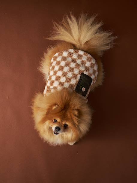Fleece dog coat beige+chequered brown+khaki 