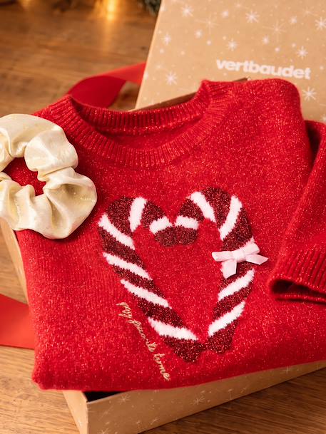 Christmas Gift Box with Jacquard Knit Reindeer Jumper + 2 Scrunchies for Girls ecru+pale pink+red 