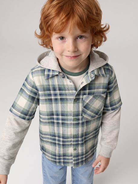 2-in-1 Two Fabric Shirt for Boys chequered green+chequered white 