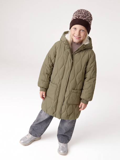 Long Lightweight Jacket with Hood & Faux Fur Lining, for Girls black+khaki 
