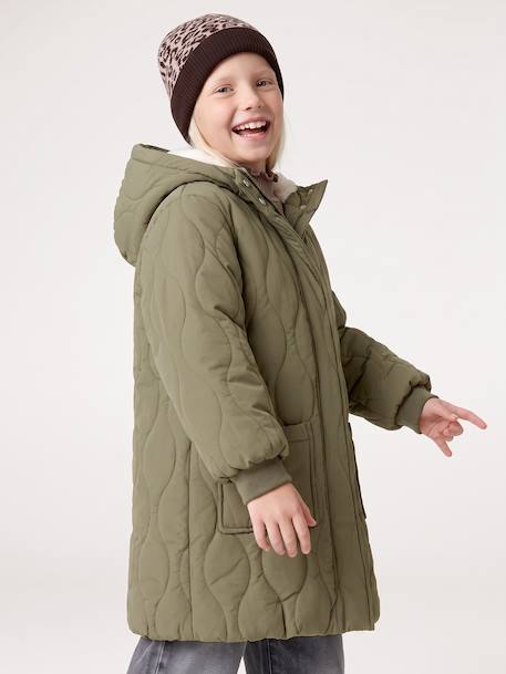 Long Lightweight Jacket with Hood & Faux Fur Lining, for Girls black+khaki 