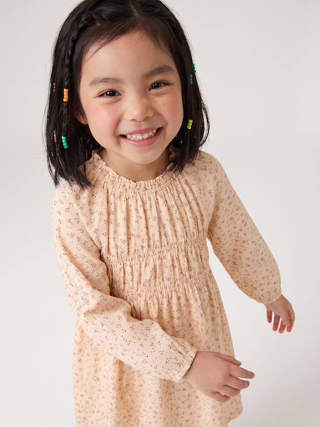 Short dress with long sleeves for girls cinnamon+ecru 