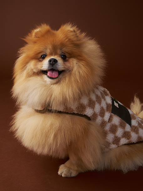 Fleece dog coat beige+chequered brown+khaki 