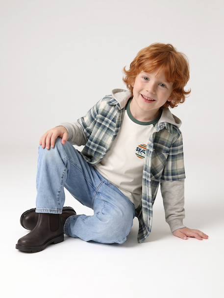2-in-1 Two Fabric Shirt for Boys chequered green+chequered white 
