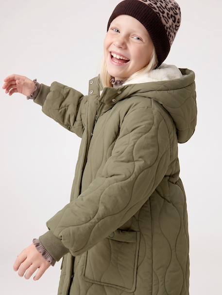 Long Lightweight Jacket with Hood & Faux Fur Lining, for Girls black+khaki 