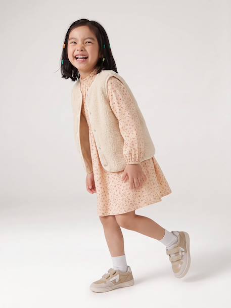 Short dress with long sleeves for girls cinnamon+ecru 