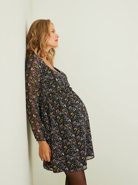 Printed Dress in Crepe for Maternity Black/Print 