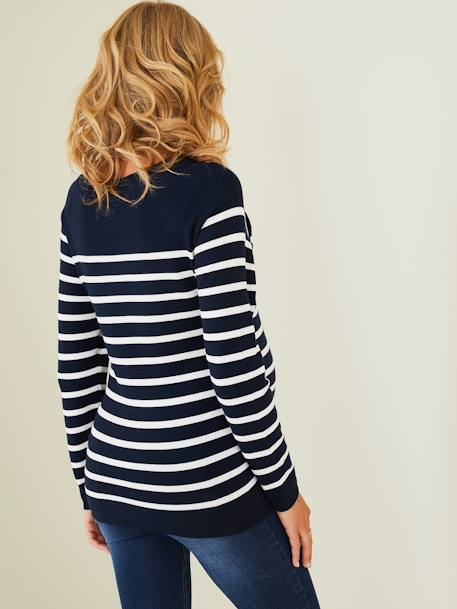 Sailor-Type Top, Maternity & Nursing Special Dark Blue Stripes+White Stripes 