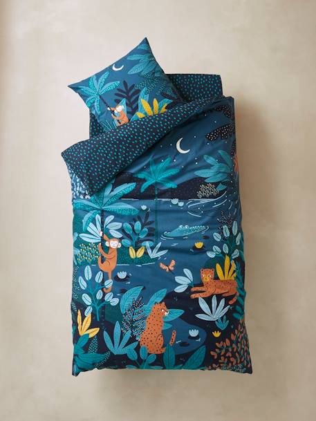 Children's Duvet Cover + Pillowcase Set, JUNGLE NIGHT Dark Blue 