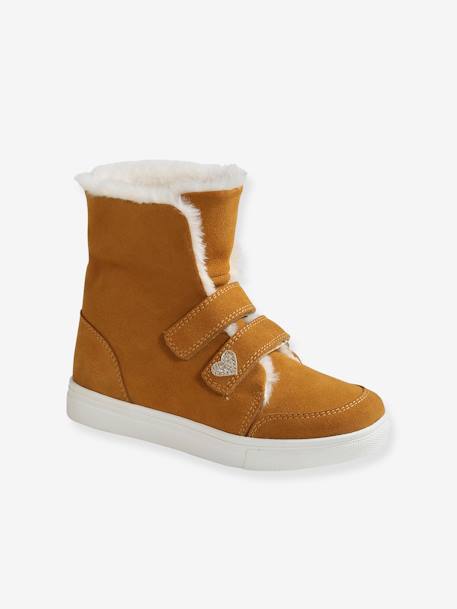 Convertible Fur-Lined Leather Boots, for Girls Camel 