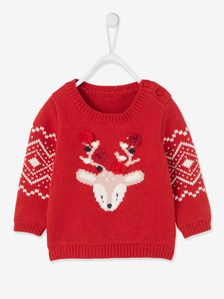Unisex Christmas Jumper, Reindeer, for Babies Dark Red 