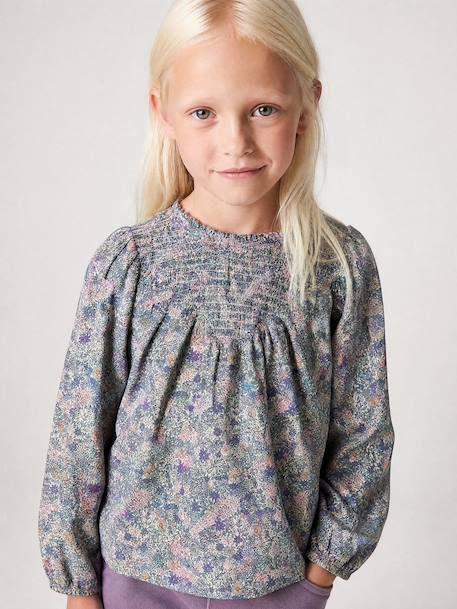 Girl's blouse with smocked sleeves ivory+pale pink+sage green+vanilla 