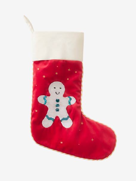 Christmas Stocking with Reversible Sequins, Gingerbread Man Red/Multi 