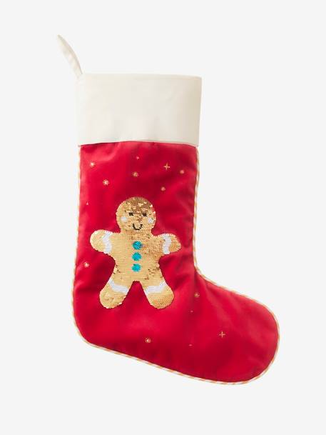 Christmas Stocking with Reversible Sequins, Gingerbread Man Red/Multi 