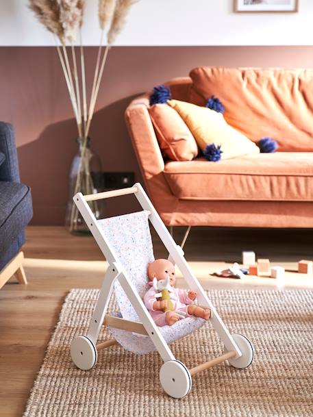 Wooden Pushchair for Dolls - Wood FSC®100% Certified Wood/White 
