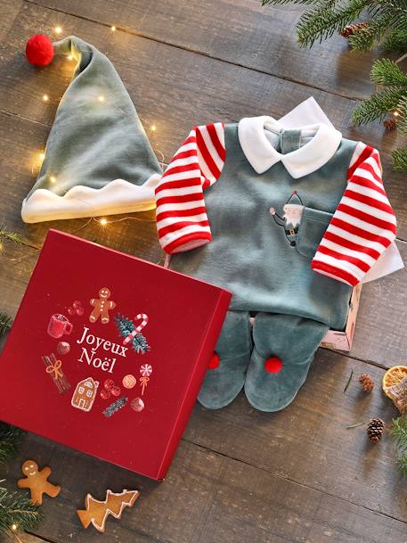 Unisex Christmas Set, Sleepsuit + Beanie, for Babies Green 