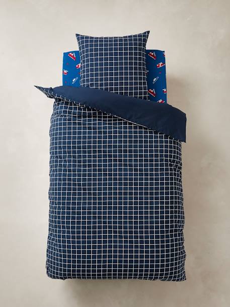 Duvet Cover + Pillowcase Set for Children, 'Petit Pompier' Theme Dark Blue 