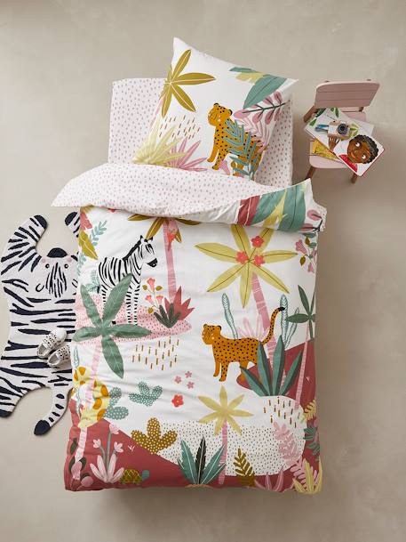 Fitted Sheet for Children, PINK JUNGLE Theme White/Print 