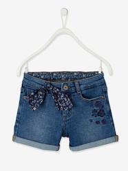 Girls-Shorts-Denim Shorts with Floral Print & Embroidered Bow, for Girls