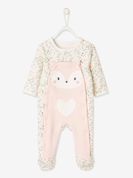Fleece Sleepsuit with Press Studs on the Front, for Newborn Babies Light Pink/Print 