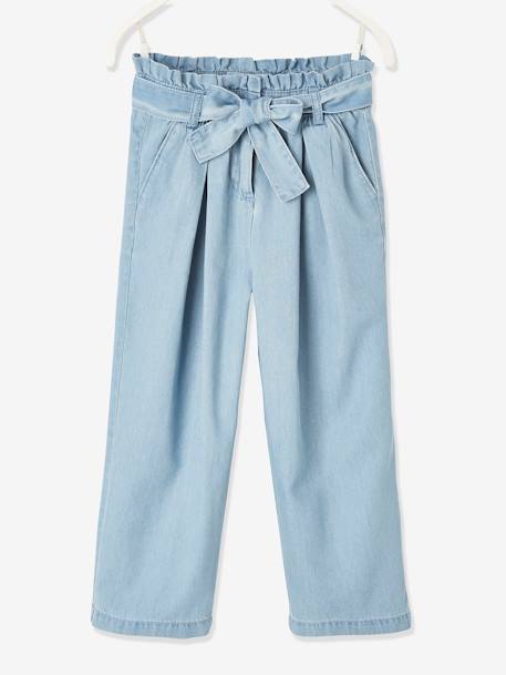 Wide, Cropped Paperbag-Type Trousers in Lightweight Denim, for Girls Light Denim Blue 
