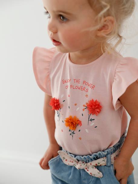 T-Shirt with Flowers in Relief, for Babies Light Pink+vanilla 