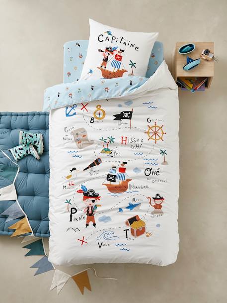 Children's Duvet Cover + Pillowcase Set, P for Pirate Theme White 