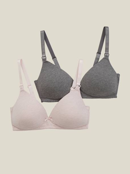 Pack of 2 Padded Bras in Stretch Cotton, Maternity & Nursing Special GREY DARK MIXED COLOR+WHITE LIGHT SOLID 