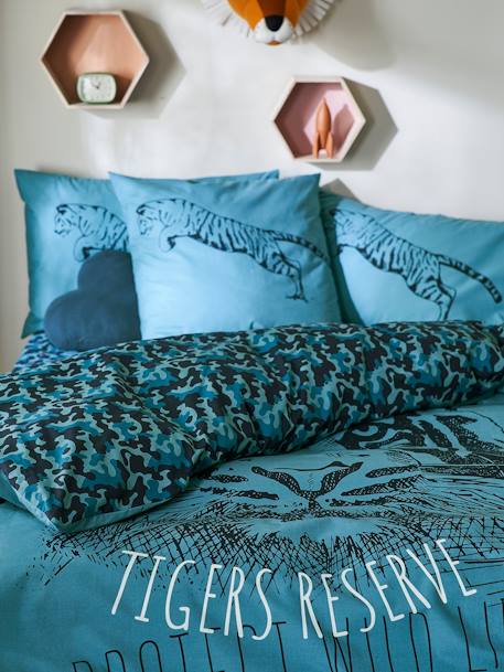 Children's Duvet Cover + Pillowcase Set, TIGER Theme Blue 