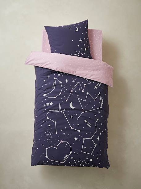 Duvet Cover + Pillowcase Set with Glow-in-the-Dark Details, Miss Constellation Dark Blue 