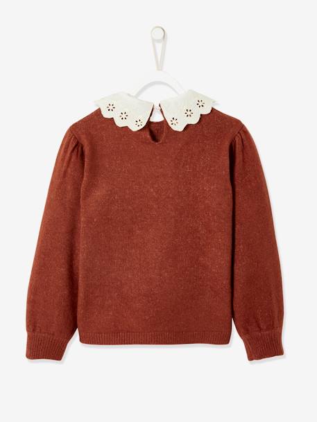 Jumper with Broderie Anglaise Collar for Girls Brown 