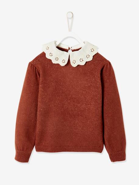 Jumper with Broderie Anglaise Collar for Girls Brown 