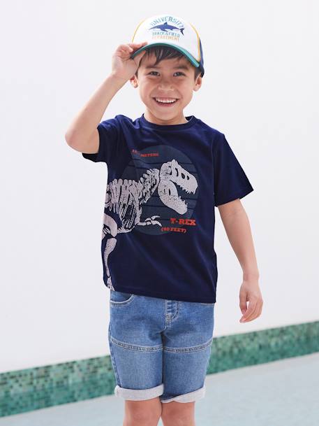 T-Shirt with Large Dinosaur, for Boys Dark Blue+mint green 