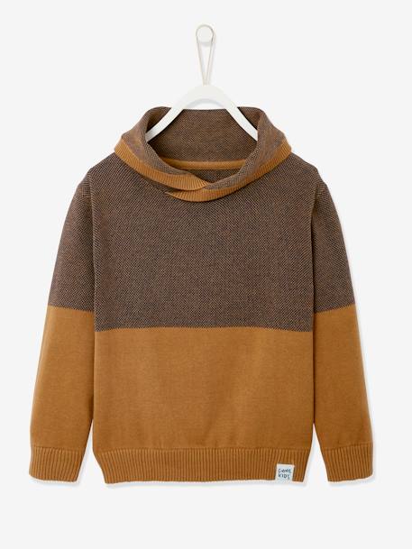 Jumper with Iridescent Neck, in Fancy Colourblock Knit, for Boys Brown+Dark Blue 