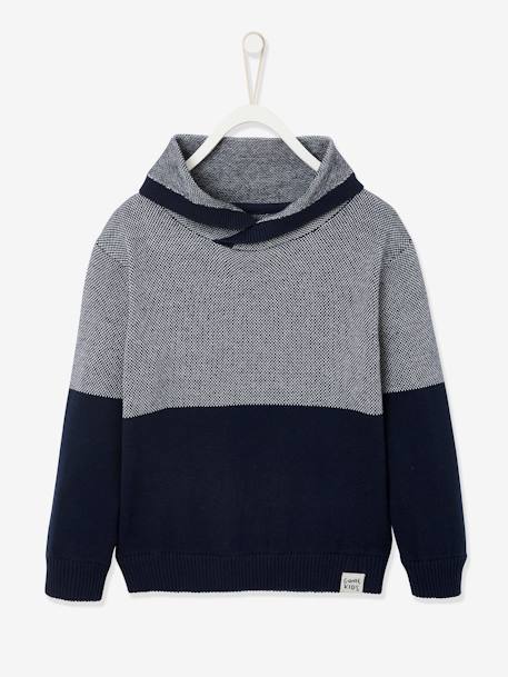 Jumper with Iridescent Neck, in Fancy Colourblock Knit, for Boys Dark Blue 