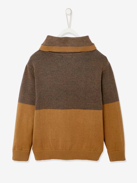 Jumper with Iridescent Neck, in Fancy Colourblock Knit, for Boys Brown+Dark Blue 