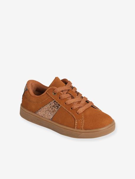 Leather Trainers with Laces & Zip, for Girls Brown+GREEN DARK SOLID WITH DESIGN 