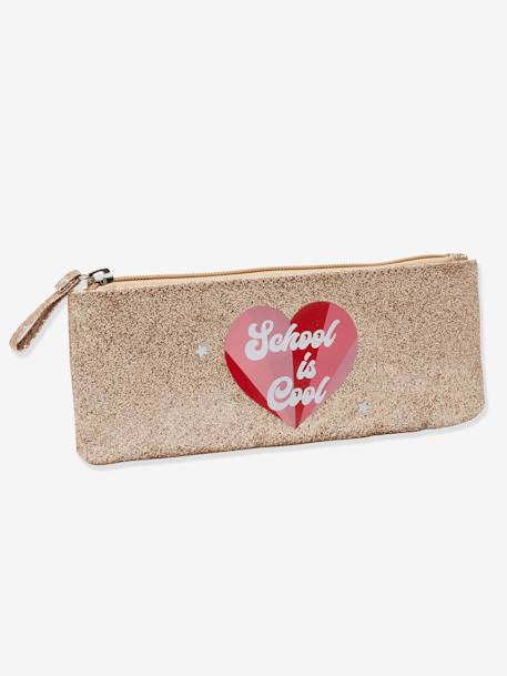 Pencil Case with Glitter & 'School is Cool' Heart, for Girls Gold 