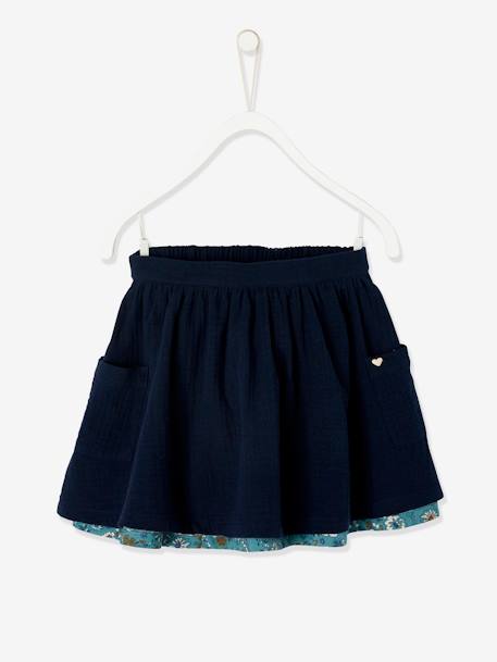 Reversible Skirt, Plain or with Floral Print, for Girls Blue+Camel+ORANGE MEDIUM SOLID 