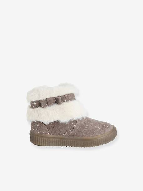 Furry Leather Boots for Baby Girls Beige 
