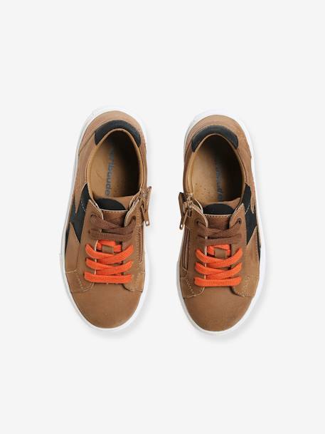 Leather Trainers with Laces & Zip, for Boys Brown 