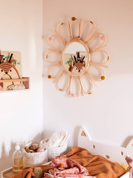 Rattan Mirror with Pompoms Camel 