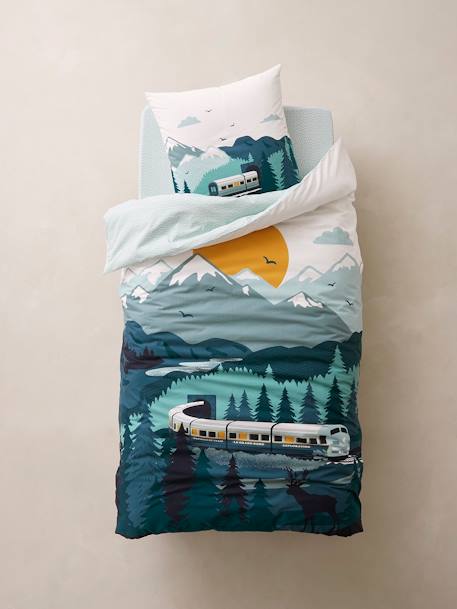 Children's Duvet Cover + Pillowcase Set, Sur les Rails Green 