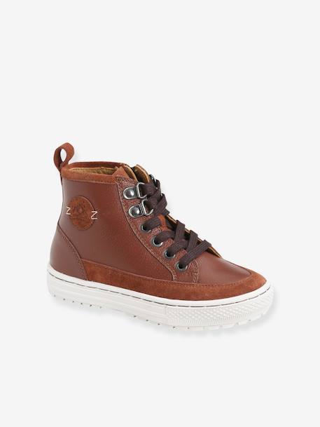 High Top Leather Trainers with Laces & Zip, for Boys Dark Brown 