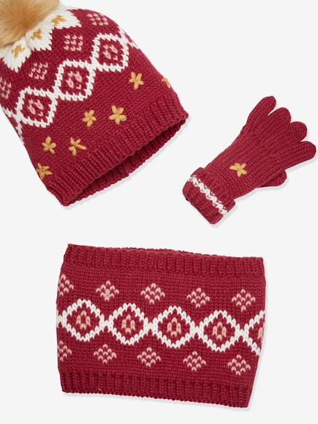 Jacquard Knit Beanie + Snood + Gloves Set for Girls Dark Pink 