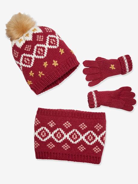Jacquard Knit Beanie + Snood + Gloves Set for Girls Dark Pink 